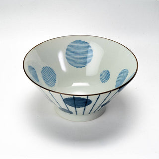 Ceramic ramen shaped bowl with blue circular patterns