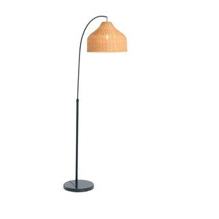Rattan Floor Lamp w Matte Black Stem & Marble Base