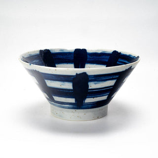 Ceramic ramen shaped bowl with blue and white design