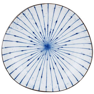 Round plate with blue pattern great for sauces, condiments and small servings