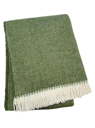 Green and white herringbone patterned throw blanket with fringes on a white background