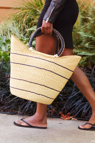 Pinstripe Woven Shopper Bag with Leather Handles perfect for shopping or beach