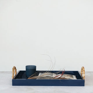 Navy Tray with Bamboo Handles