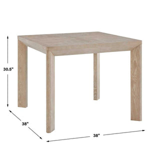 Wooden table with dimensions marked on a white background