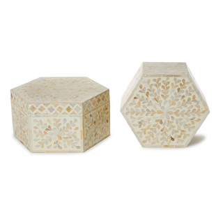Two hexagonal boxes with mother-of-pearl botanical deisgn