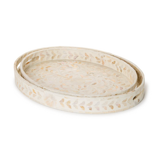 These Mother-of-pearl oval trays with floral patterns come in two sizes