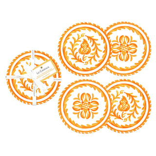Set of four decorative outdoor appetixer plates with orange white floral patterns