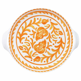 Decorative sewrving bowl with orange floral pattern on a white background