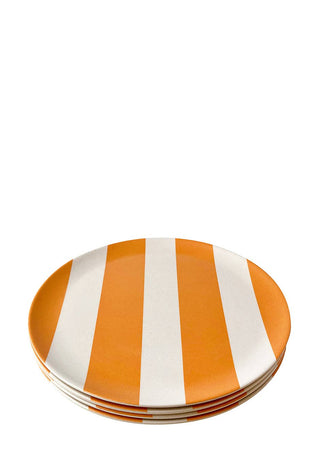 Set of four plastic orange and white striped plates 