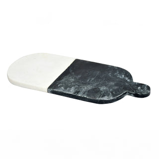 Two-tone marble cutting board with white and black pattern on a white background