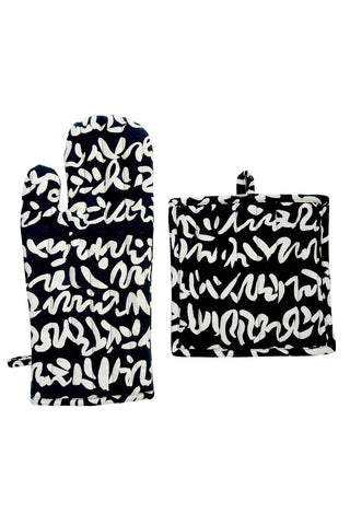 Black and white patterned oven mitt and pot holder for the chef in your life