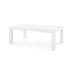 A white rectangular Parsons coffee table with a grasscloth finish and a structured lacquered frame.