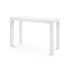 A rectangle-shaped Parsons Console Table with a chiffon white finish and a minimalist design.