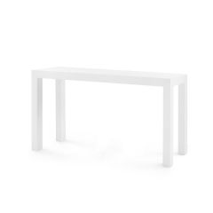 A white Parsons large console table with a sleek silhouette and raffia finish.