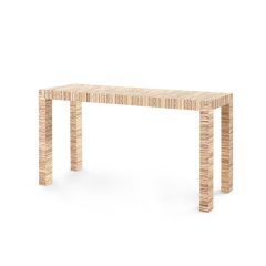 A rectangular Parsons large console table with a papyrus raffia finish in a clear lacquered finish