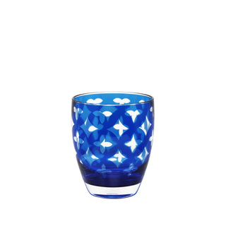 Outdoor blue glass rocks with white geometric pattern