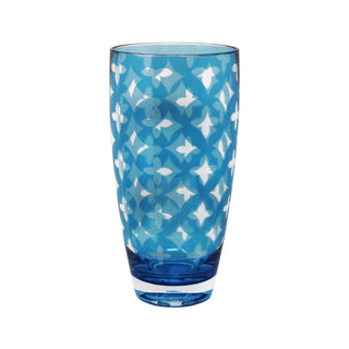 Teal outdoor tumbler with white geometric pattern