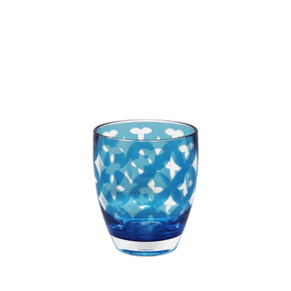 Outdoor teal rocks glass with white geometric pattern