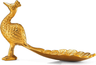 A brass peacock-shaped dish with a gold finish, designed for serving hors d'oeuvres or as a trinket tray.