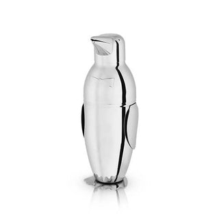 A stainless steel cocktail shaker designed to resemble a penguin, with a polished finish and a built-in strainer.