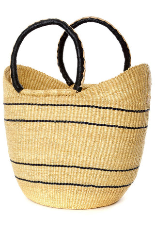 Natural Pinstripe Woven Shopper Bag with Leather Handles