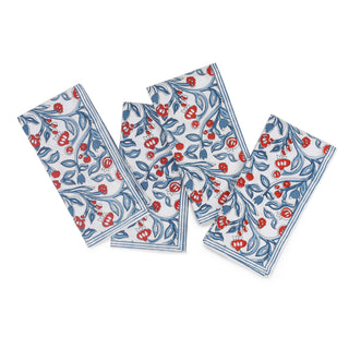 Set of four floral pomegranate  blue and red block print napkins