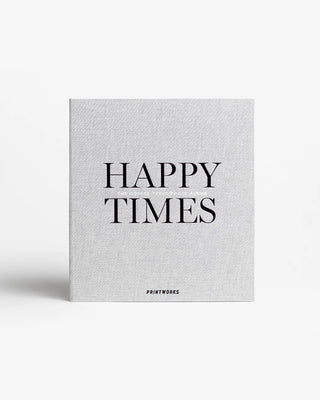 A square canvas art print with a light gray linen-textured background and bold black typography reading 'HAPPY TIMES' centered on the front, with a small 'PRINTWORKS' brand mark near the bottom, shown against a clean white background.