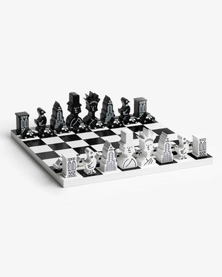 Black and white chess set with unique pieces on a checkered board