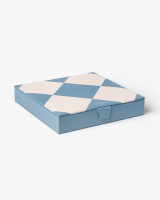 A square presentation box with a light blue base and a diamond-patterned lid in light blue and cream, photographed on a clean white background.