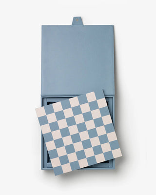 Blue and white checkered folding table on a white background
