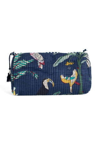 Navy blue pouch with toucan pattern on a white background