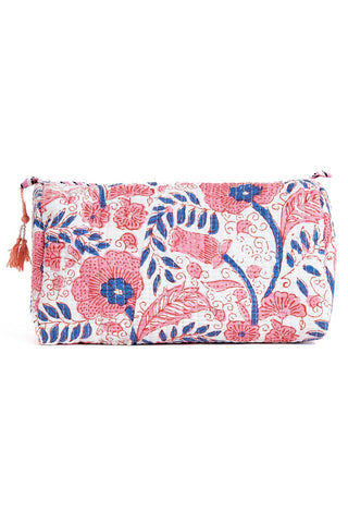 Floral patterned pouch with tassels on a white background