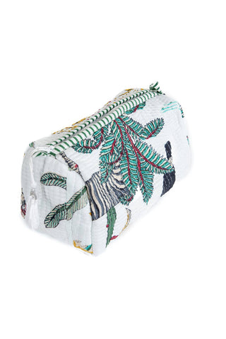 Makeup bag with zebra and leaf design on a white background