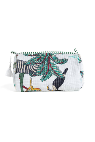 Quilted pouch with animal and leaf pattern on a white background