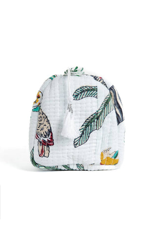 White backpack with tropical leaf and parrot design on a white background