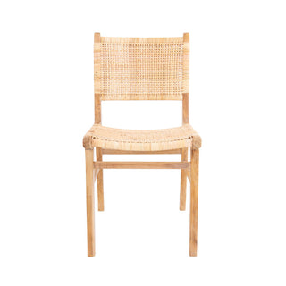 A beige Orlando Dining Chair with a teak wood frame and handwoven rattan seat and backrest, isolated on a white background.
