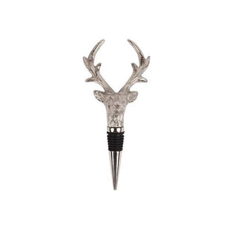 A silver deer head bottle stopper with detailed antlers and a black textured grip, shown on a plain white background.