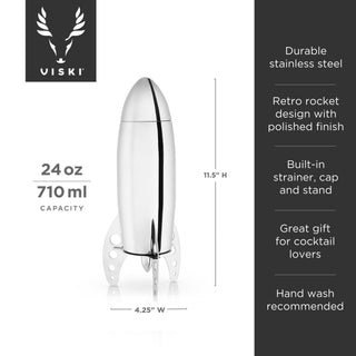 Retro rocket designed cocktail shaker has a high-polish silver finish