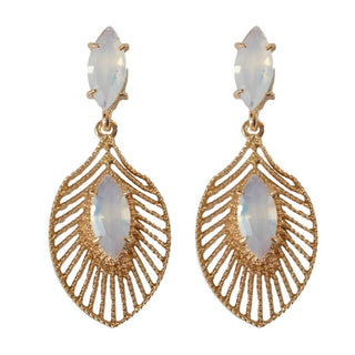 Rose gold earrings with leaf-like design and opal-like white stones 