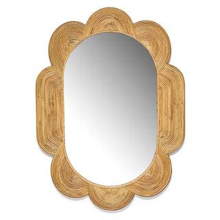 This oval bamboo hand-woven wall mirror with scalloped edges is large enough for an entryway or bathroom.