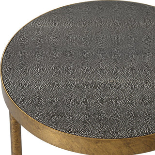 Round side table with shagreen textured top and brass base
