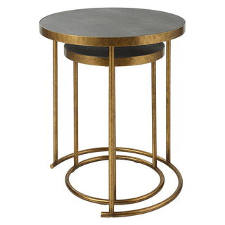 Round side table with gold metal frame and shagreen top 