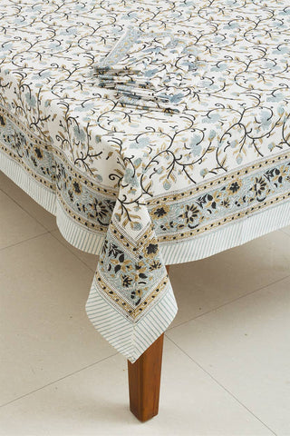 Decorative blue floral block print tablecloth with border