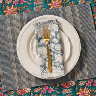 Set the table with global inspired Indian block print gray and white floral napkin
