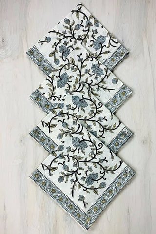 Blue / Gray blockprint napkin with border