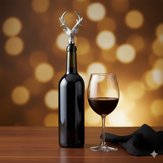 A dark wine bottle with a silver stag-shaped stopper sits on a wooden table beside a glass of red wine, with a soft warm bokeh background.