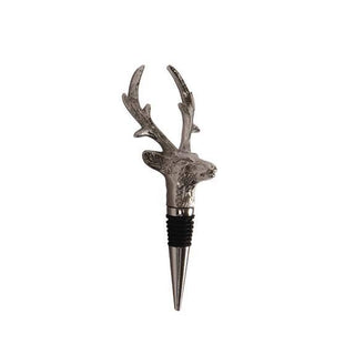 A silver-toned metal wine bottle stopper shaped like a deer head with antlers, featuring a textured finish and a black rubber seal at the base, shown on a plain white background.