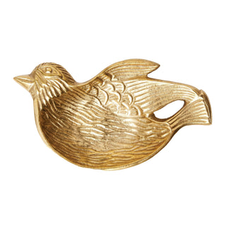 A gold-colored metal bird-shaped dish with textured feather details, photographed on a solid white background.