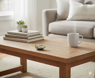 A light brown wooden coffee table in a bright, modern living room setting, styled with a stack of books, small potted succulents, a gold leaf dish with blue beads, and a white ceramic mug on a beige sofa in the background.