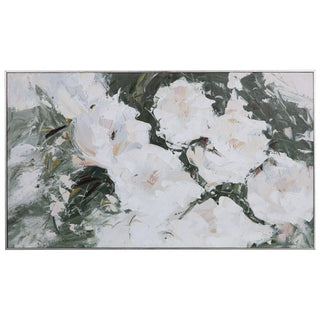 Abstract hand-painted art piece with white and green colors on canvas